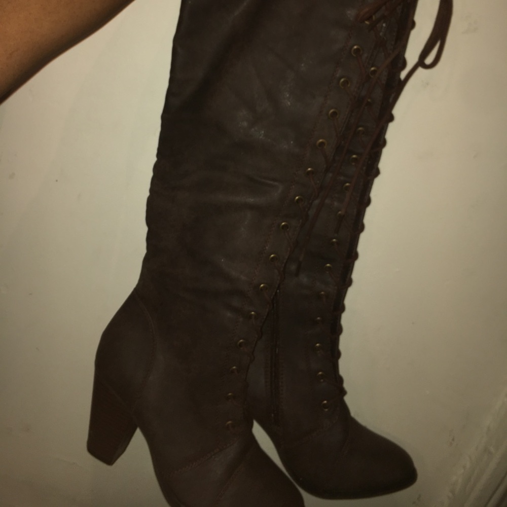 Knee high lace up brown boots